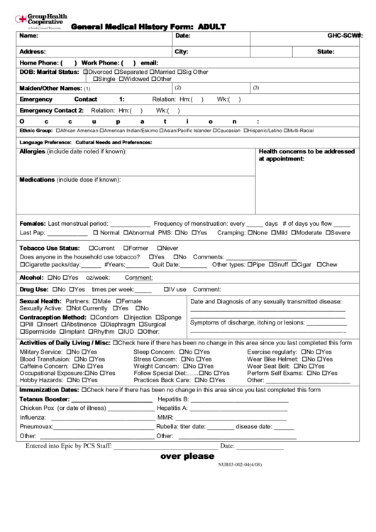 General Medical History Form - Adults Printable pdf