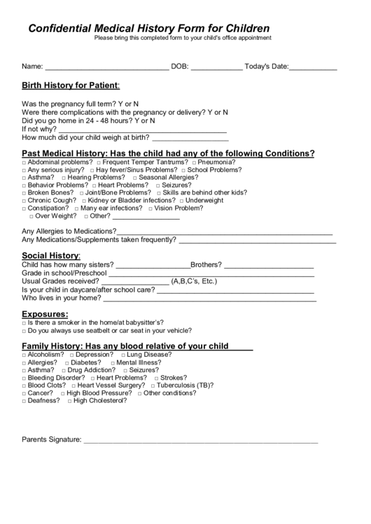 Confidential Medical History Form For Children Printable pdf