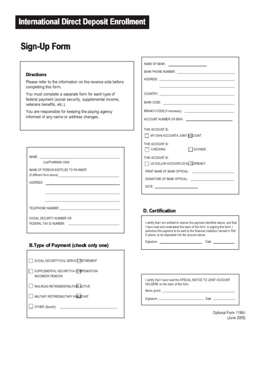 Fillable International Direct Deposit Enrollment Form Printable pdf