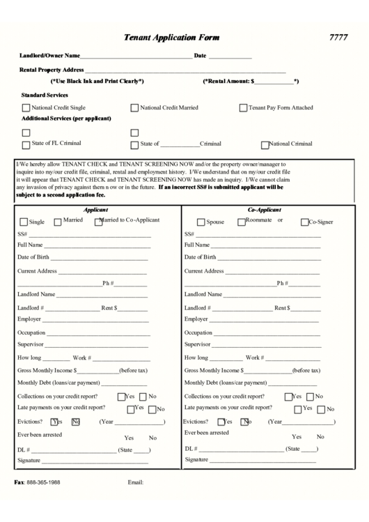 Tenant Application Form Printable pdf