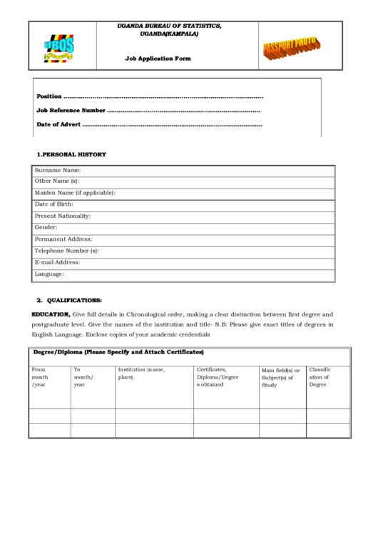 Uganda Bureau Of Statistics Job Application Form Printable pdf