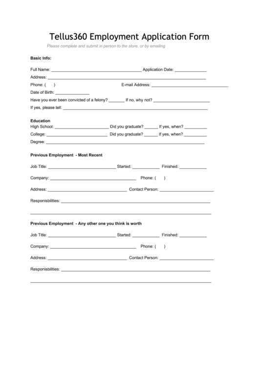 Tellus360 Employment Application Form Printable pdf