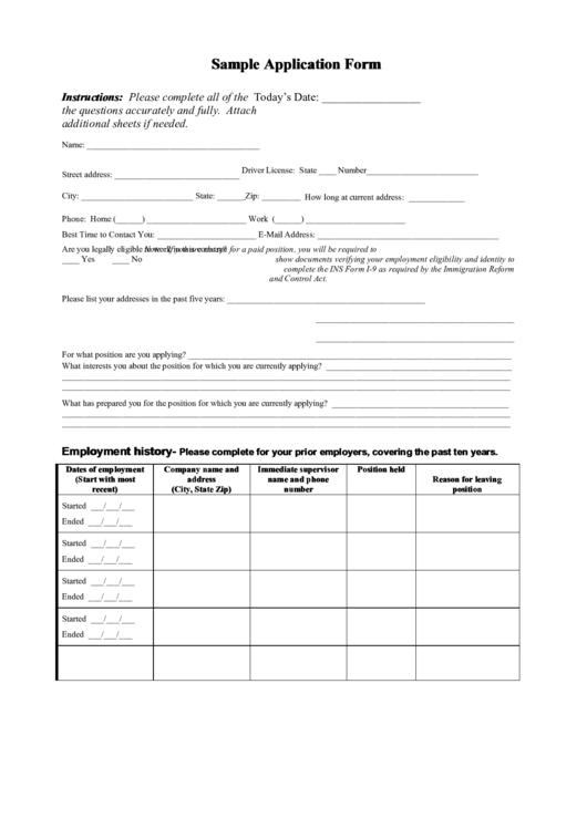 Sample Job Application Form Printable pdf