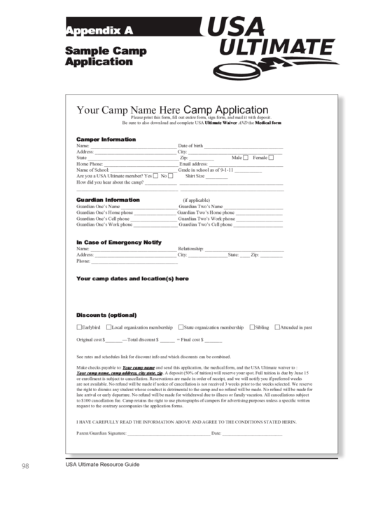 Sample Camp Application Form Printable pdf