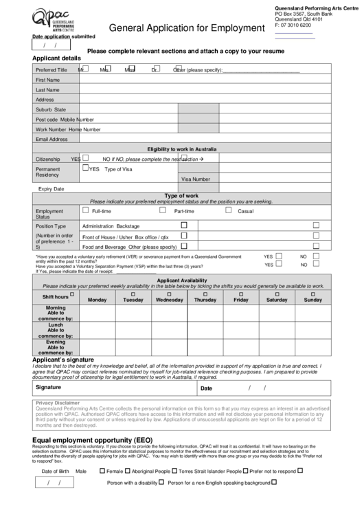 General Application For Employment Printable pdf