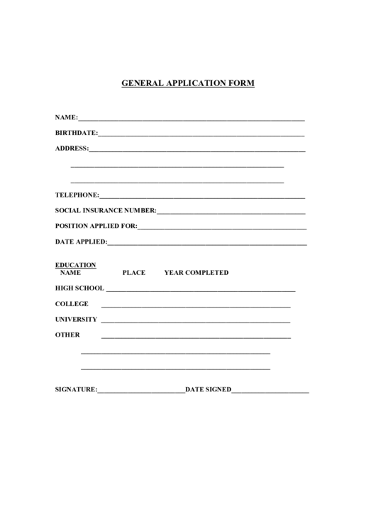 General Job Application Form Printable pdf