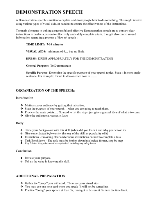 Demonstration Speech Outline Template Printable pdf