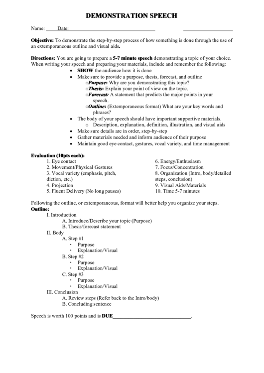 Demonstration Speech Outline Template Printable pdf