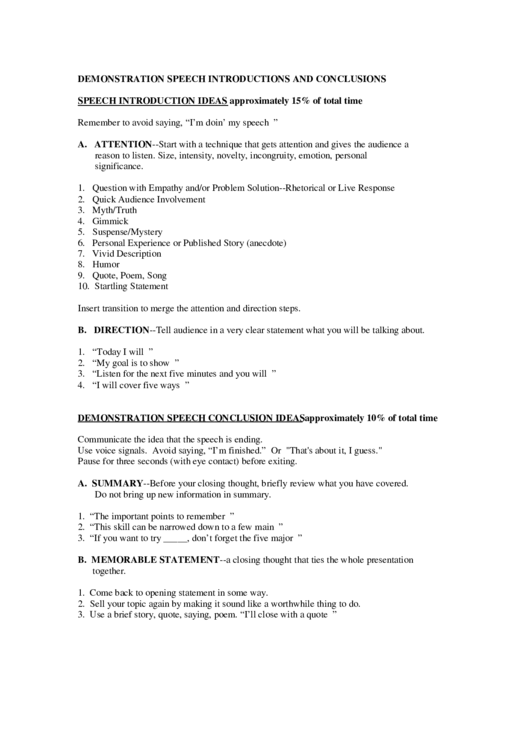 Demonstration Speech Introductions And Conclusions Outline Template Printable pdf