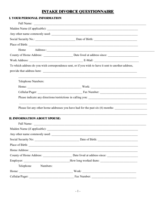 Intake Divorce Questionnaire Template Printable pdf