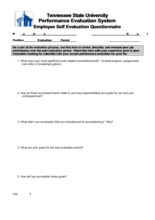 Fillable Employee Self Evaluation Questionnaire Printable pdf