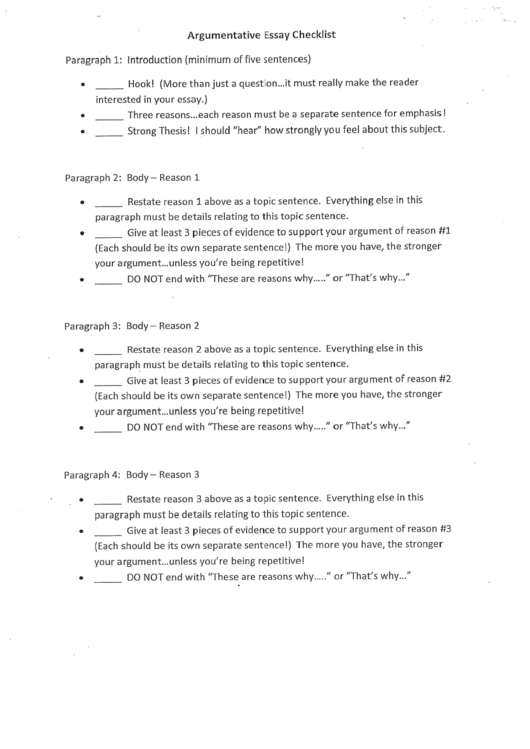 Argumentative Essay Checklist Printable pdf