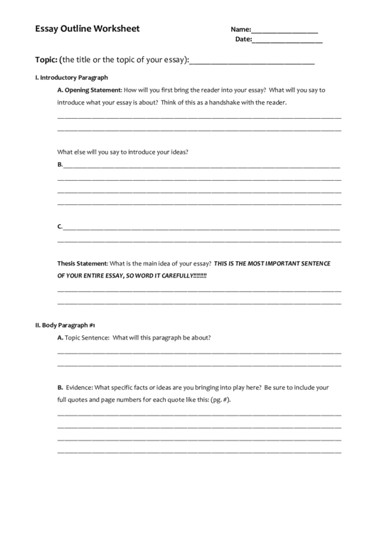 Essay Outline Worksheet Printable pdf