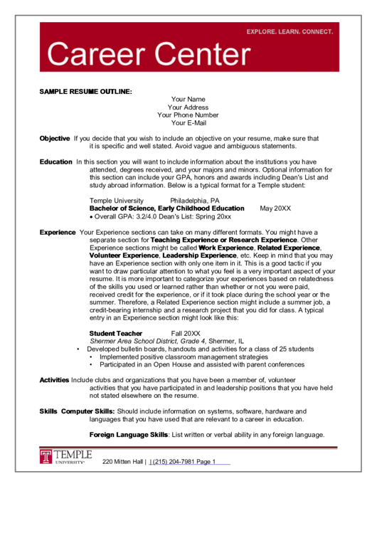 Sample Resume Outline: Printable pdf