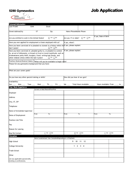 5280 Gymnastics Job Application Printable pdf