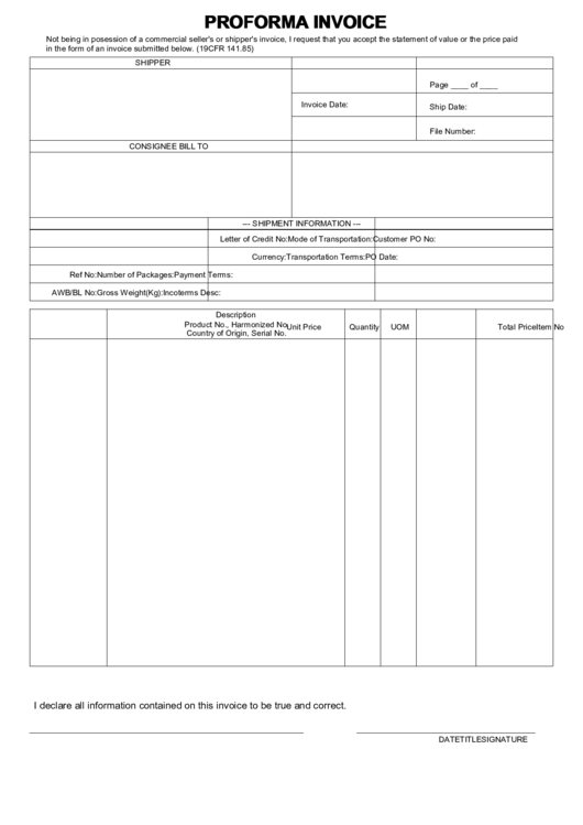 Fillable Proforma Invoice Template Printable pdf