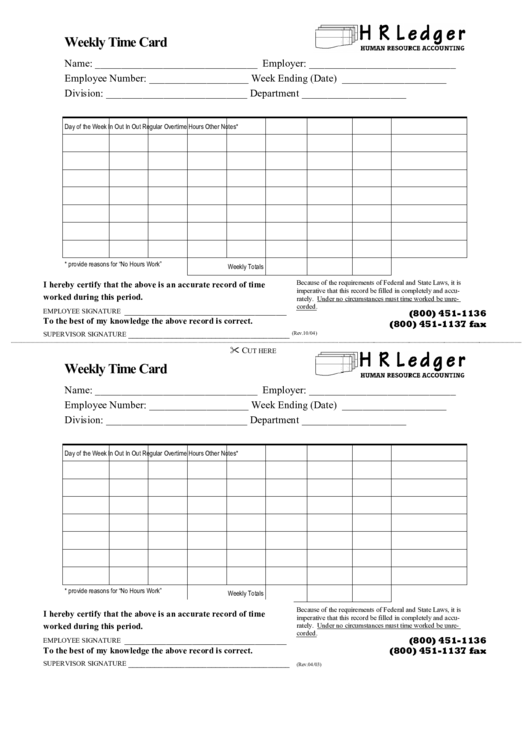 Weekly Time Card - Hr Ledger Printable pdf