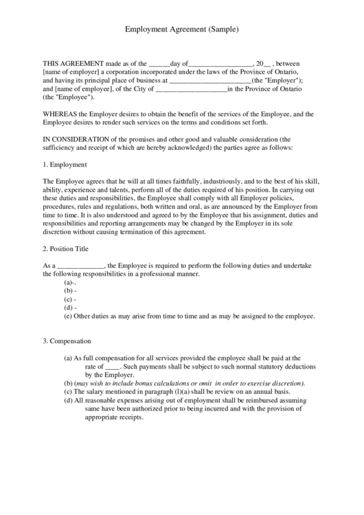 Employment Agreement Template (Sample) Printable pdf