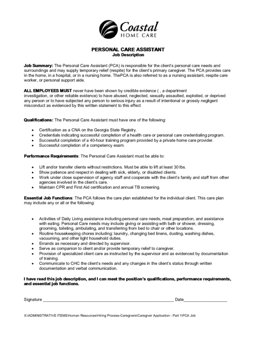 Personal Care Assistant Job Description Resume