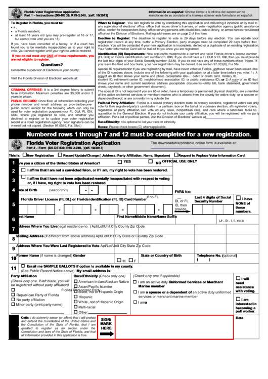 Fillable Florida Voter Registration Application Form Printable pdf