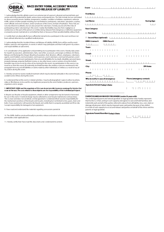 Race Entry Form, Accident Waiver And Release Of Liability Printable pdf