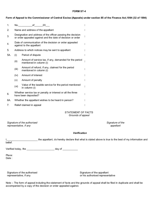Form St-4 - Form Of Appeal To The Commissioner Of Central Excise (Appeals) Printable pdf