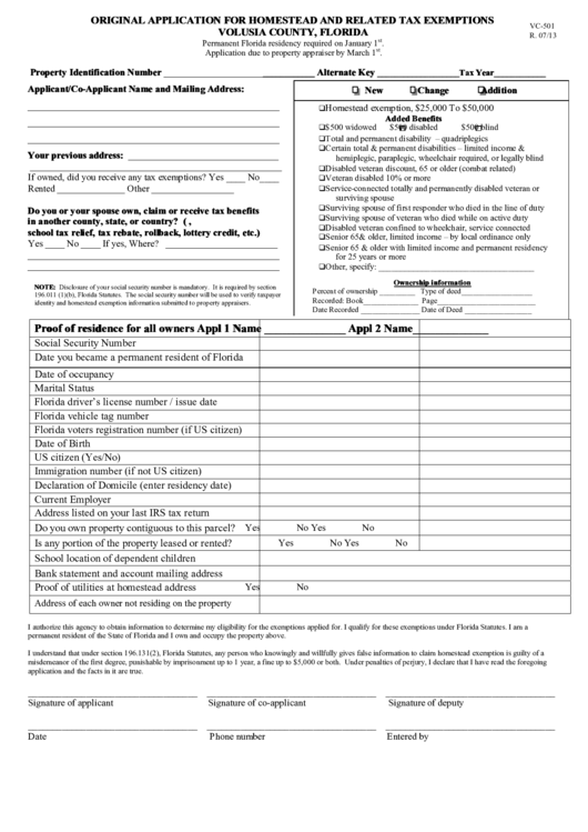 Fillable Original Application For Homestead And Related Tax Exemptions Volusia County, Florida Printable pdf