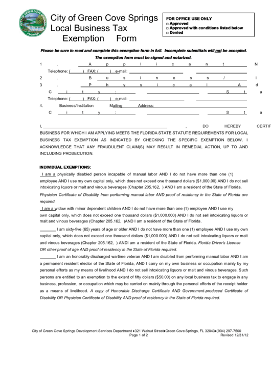 Fillable City Of Green Cove Springs Local Business Tax Exemption Form Printable pdf
