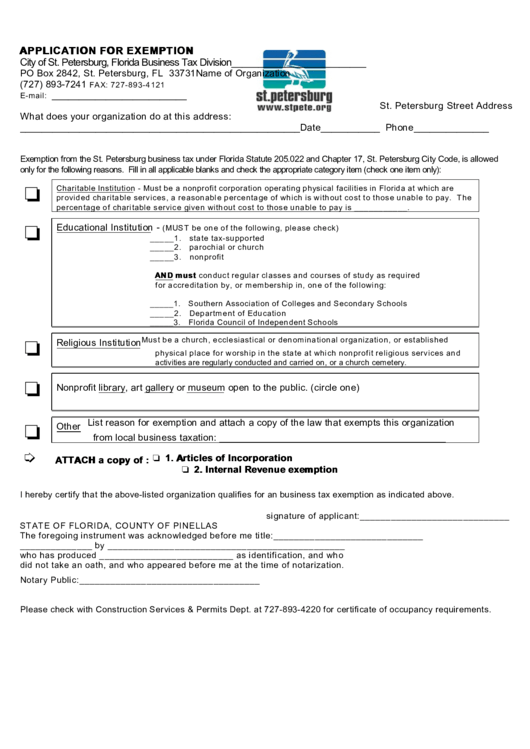 Application For Exemption City Of St. Petersburg, Florida Business Tax