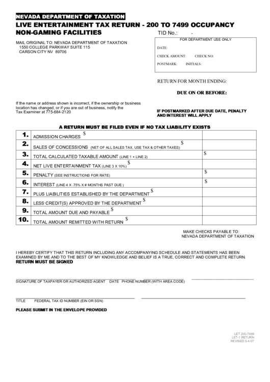 Fillable Form Let-1 Return - Live Entertainment Tax Return - 200 To 7499 Occupancy Non-Gaming Facilities - 2007 Printable pdf