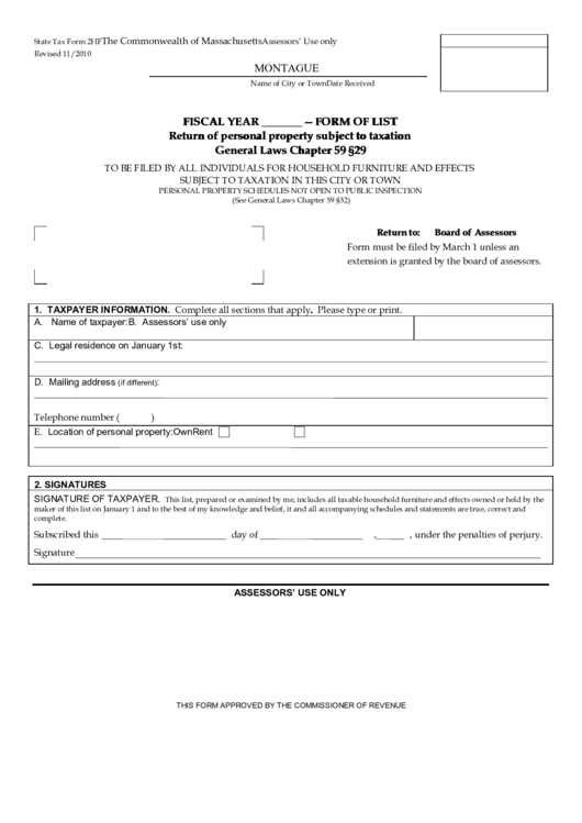 Fillable State Tax Form 2hf - Return Of Personal Property Subject To Taxation - 2010 Printable pdf