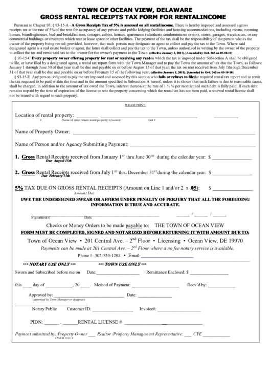 Fillable Gross Rental Receipts Tax Form For Rental Income - Town Of Ocean View, Delaware Printable pdf