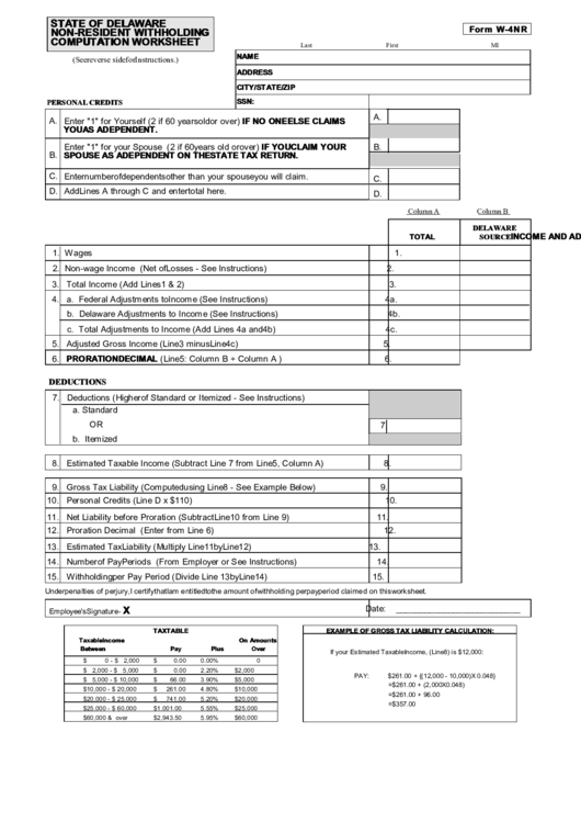 Form W-4nr - State Of Delaware Non-Resident Withholding Computation Worksheet Printable pdf
