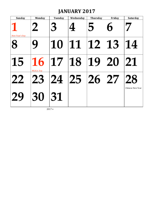 2017 Monthly Calendar Template - Big Date Printable pdf