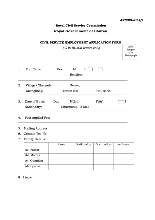 Civil Service Employment Application Form Printable pdf