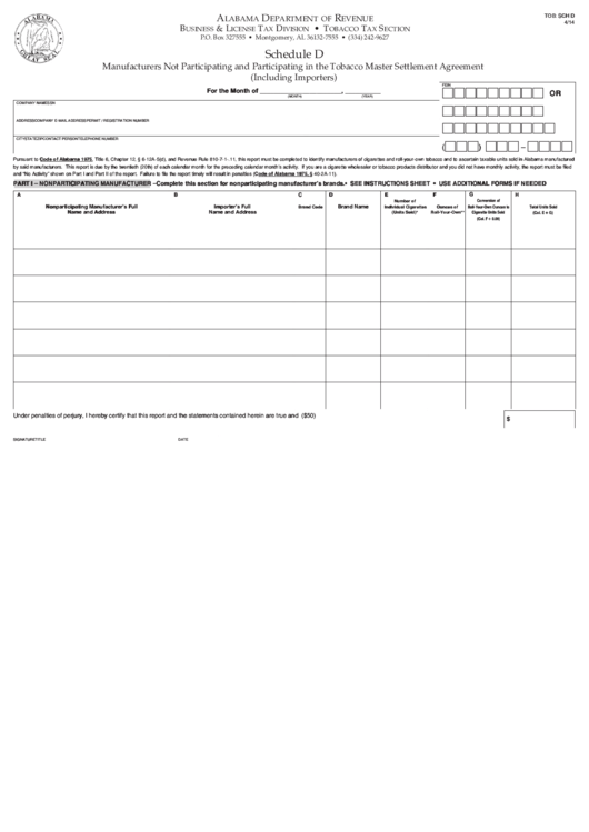 Fillable Form Tob: Sch D - Manufacturers Not Participating In The Tobacco Master Settlement Agreement Printable pdf