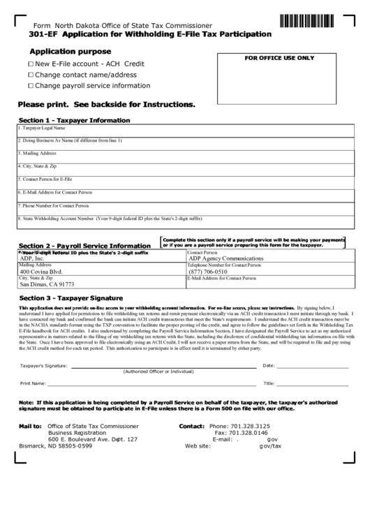 Fillable Form 301-Ef - Application For Withholding E-File Tax Participation Printable pdf