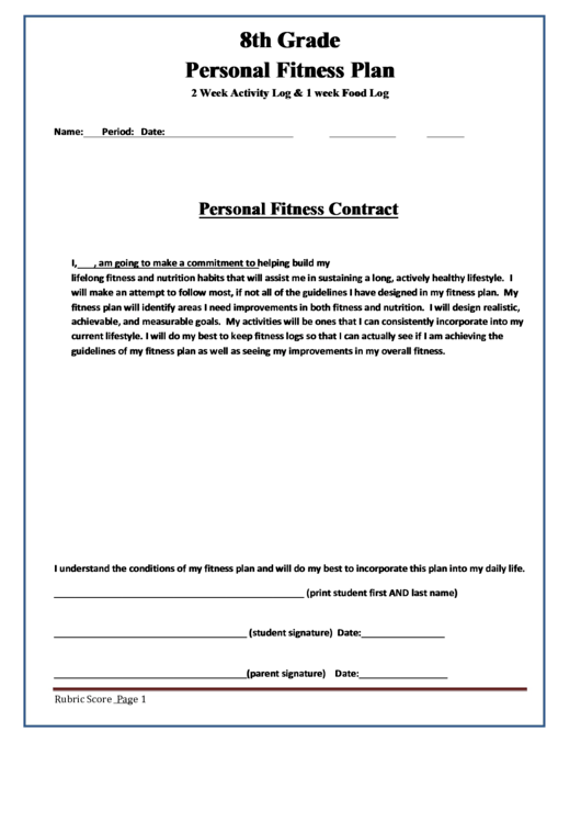 8th Grade Personal Fitness Plan Printable pdf