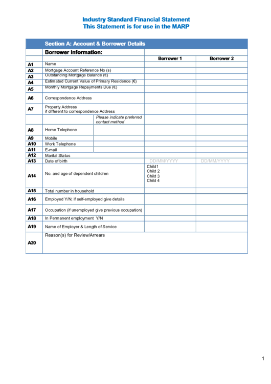 Industry Standard Financial Statement This Statement Is For Use In The Marp Printable pdf