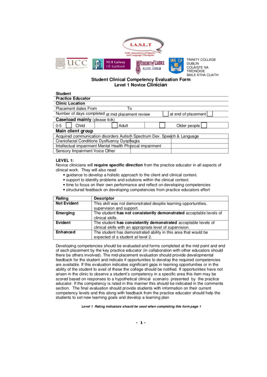 Student Clinical Competency Evaluation Form Level 1 Novice Clinician Printable pdf