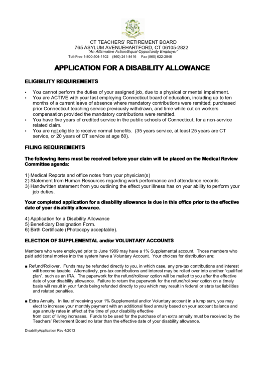 Fillable Application For A Disability Allowance Printable pdf