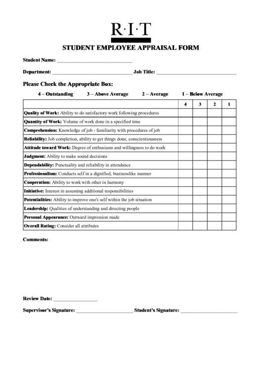 Fillable Student Employee Appraisal Form Printable pdf