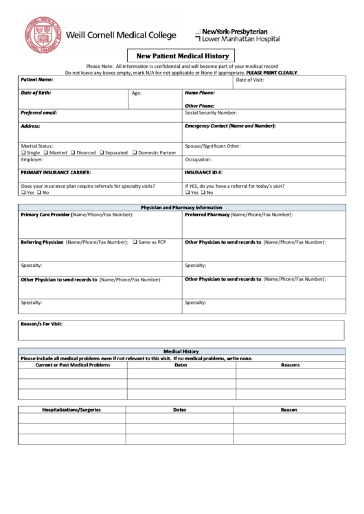New Patient Medical History Printable pdf