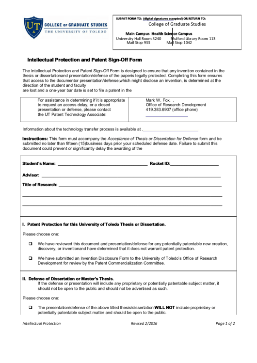 Fillable Intellectual Protection And Patent Sign-Off Form Printable pdf