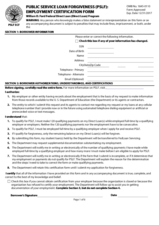 Fillable Public Service Loan Forgiveness (Pslf): Employment Certification Form Printable pdf