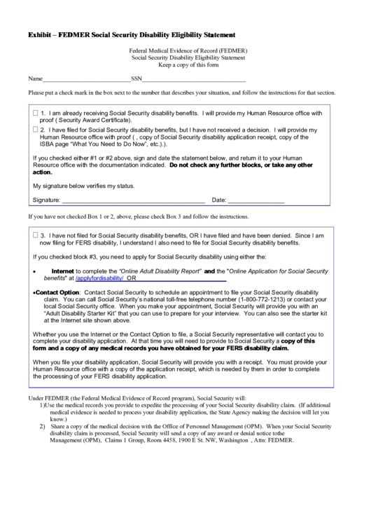 Social Security Disability Eligibility Statement Form - Federal Medical Evidence Of Record (Fedmer) Printable pdf