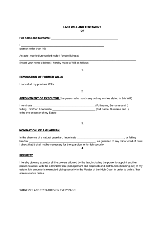 Last Will And Testament Form Printable pdf