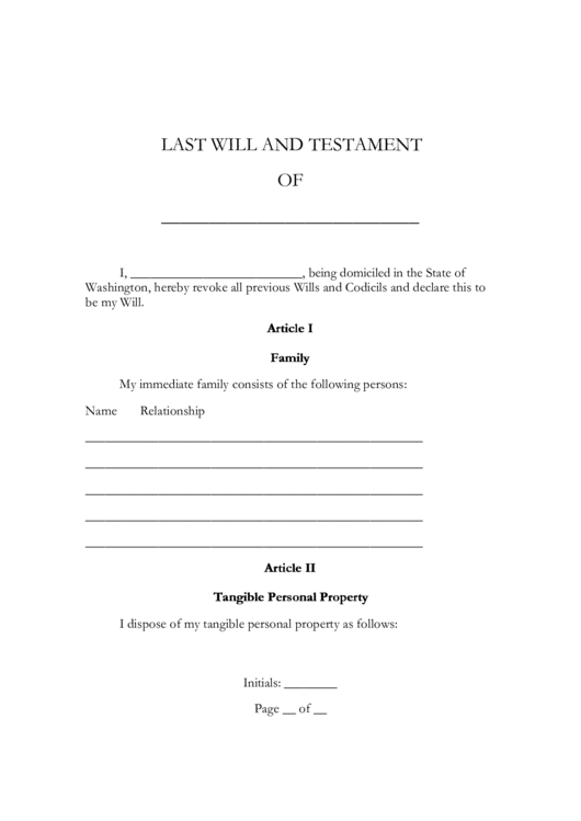 Last Will And Testament Form Printable pdf