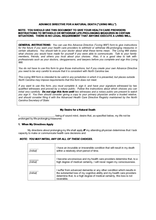 Advance Directive For A Natural Death Form ("Living Will") Printable pdf