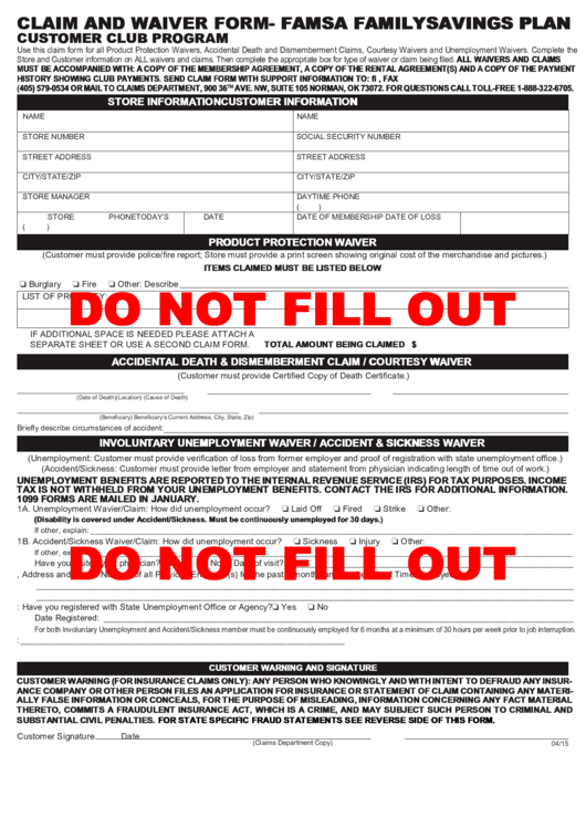 Claim And Waiver Form printable pdf download
